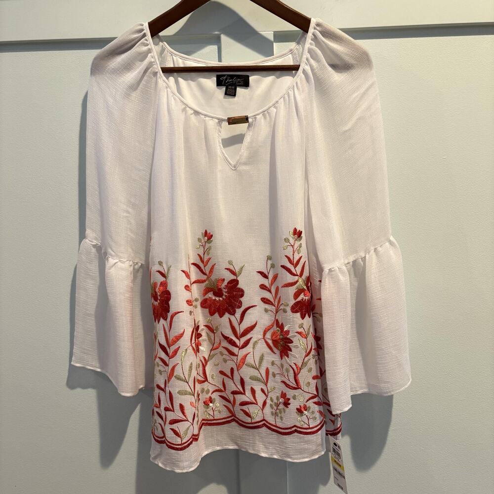 Thalia Sodi Shirt Womens Medium White Embroidered Bell Sleeve Peasant‎ Boho